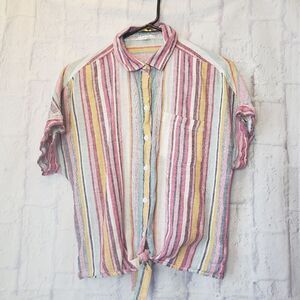 BEACHLUNCHLOUNGE Linen-Blend Striped Knot Front Button Down Shirt XS